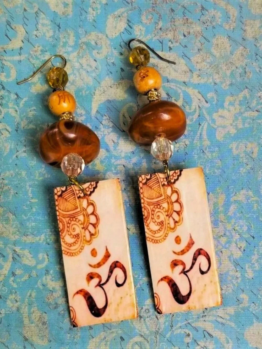 Artisan Hand Crafted Om Aum Symbol Earrings Amber Tan Brown Beaded Yoga Zen